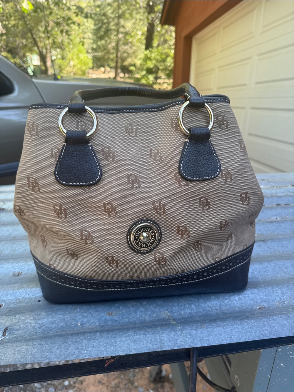 Dooney & Bourke Beige and Dark Brown Monogram Satchel